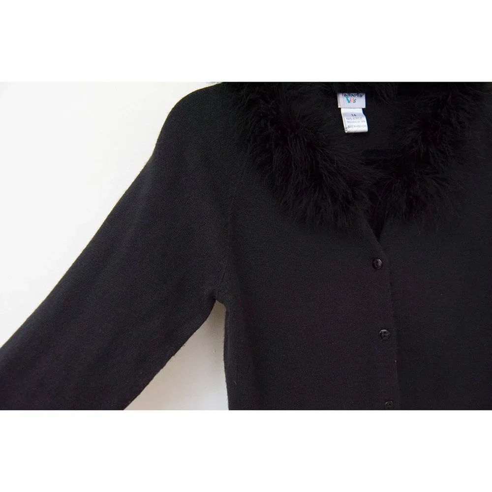 Vintage Talbots Black Acrylic Cardigan Sweater Faux-Fur Collar sz 14 - Picture 3 of 10